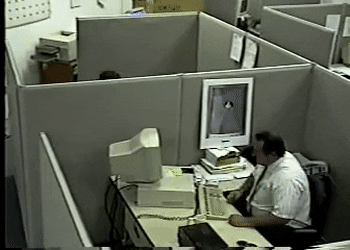 Animation of office worker smashing up his computer and rage quitting the office